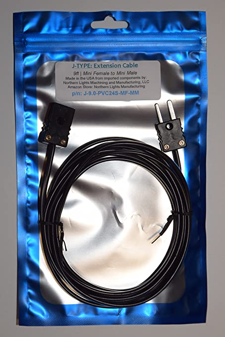 Thermocouple Extension Cable, Type J, 9ft, Mini Female to Mini Male